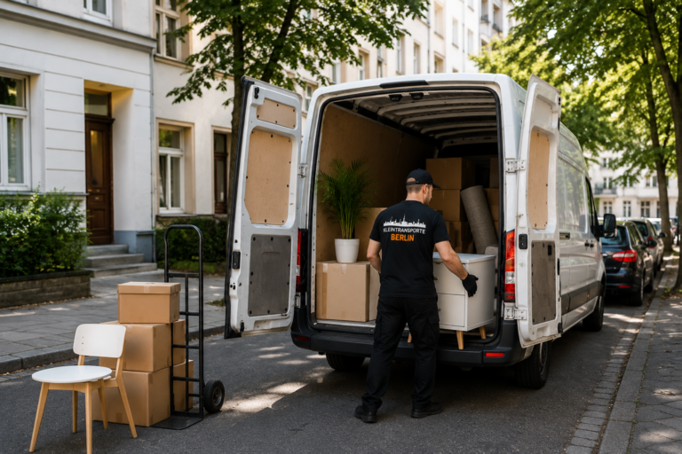 Kleintransport in Berlin mit Transporter und Umzugshelfer beim sicheren Verladen von Möbeln und Kartons in einer Berliner Wohnstraße.
