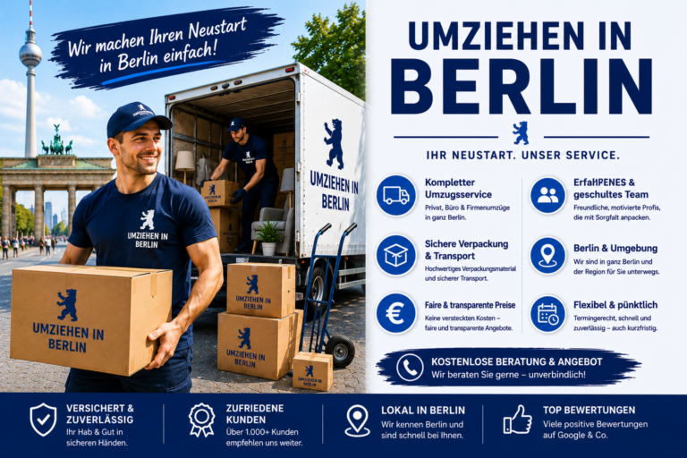 Umzugshelfer in Berlin tragen Kartons und Möbel vor einem Transporter und unterstützen zuverlässig beim Umziehen in Berlin