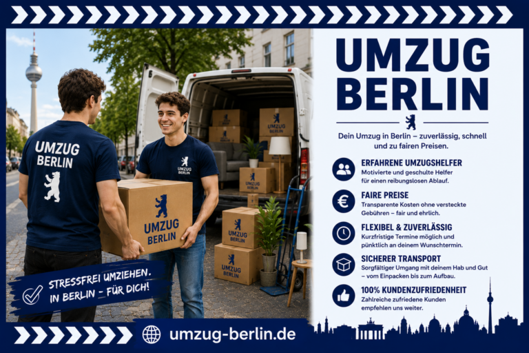Umzugshelfer in Berlin tragen Umzugskartons und Möbel vor einem Transporter für einen zuverlässigen Umzug in Berlin