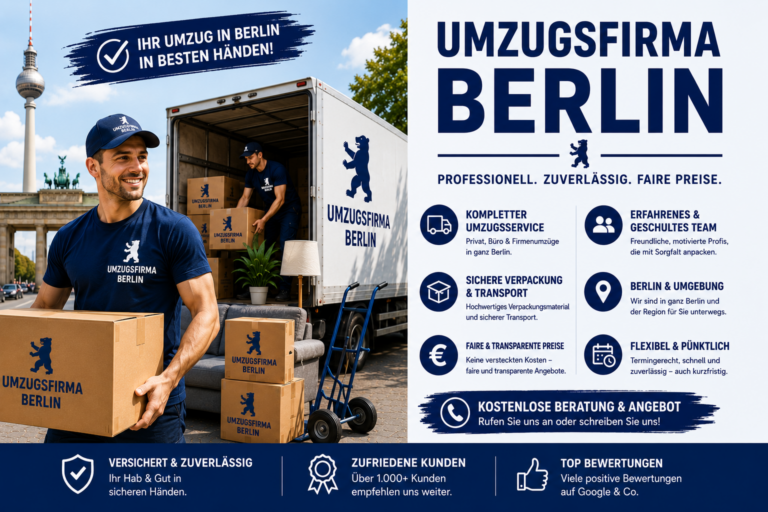 Umzugsfirma in Berlin mit Umzugshelfern vor einem Transporter für Umzug, Möbeltransport und professionelle Tragearbeiten